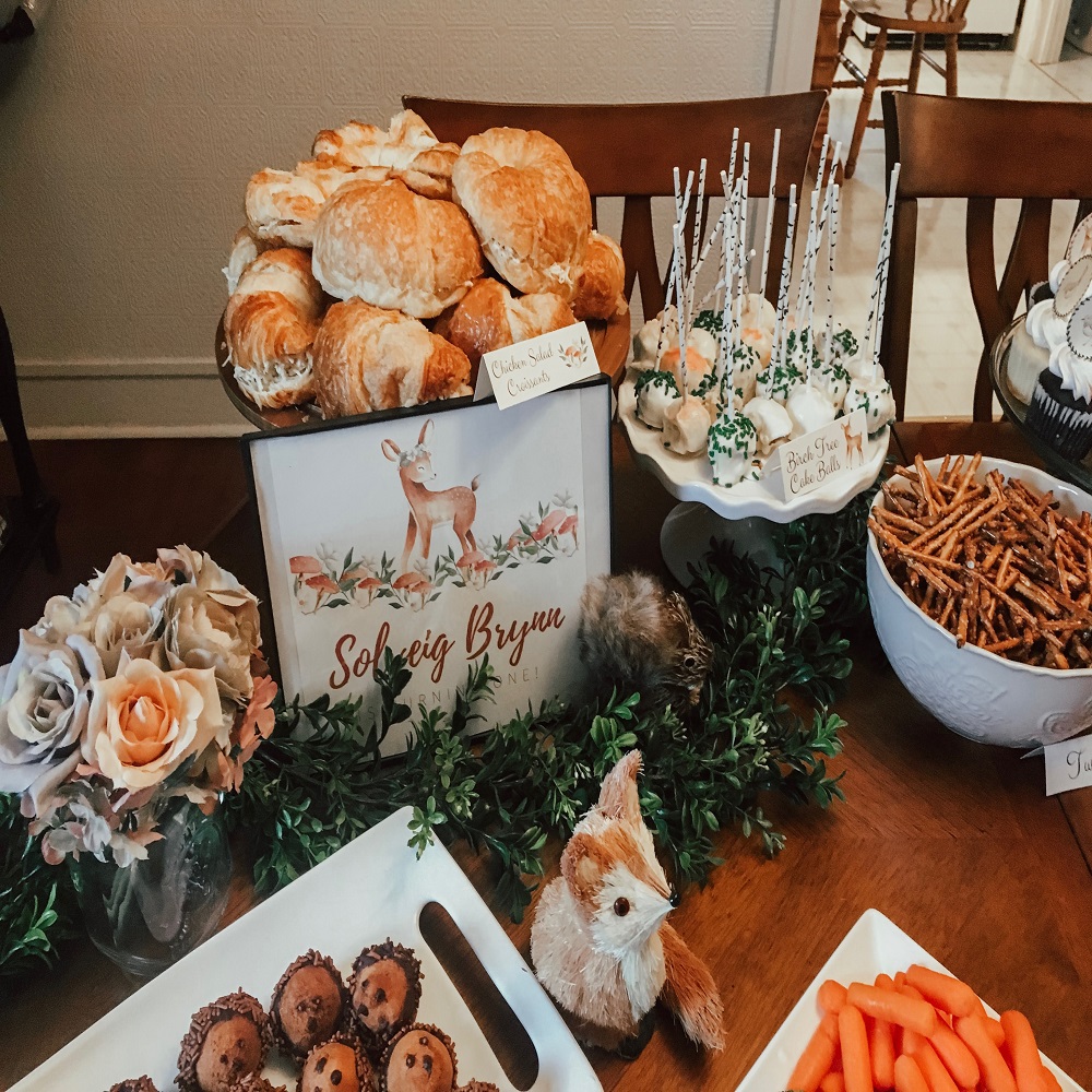 woodland baby shower food table